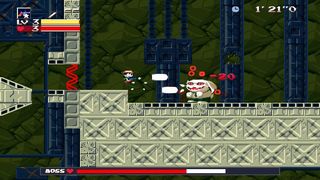 Free Epic games — In Cave Story+, protagonist boy robot Quest fires large handgun projectiles at a rabbit-like boss creature