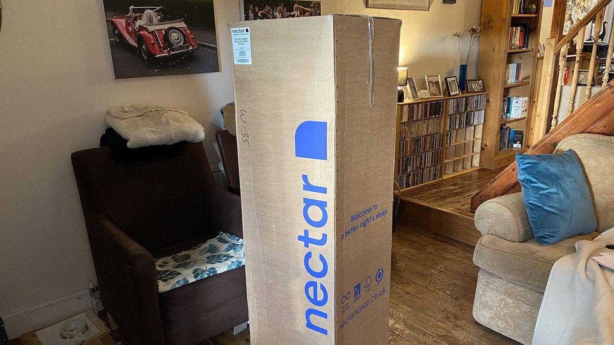 Nectar Premier Hybrid mattress rolled in a cardboard box