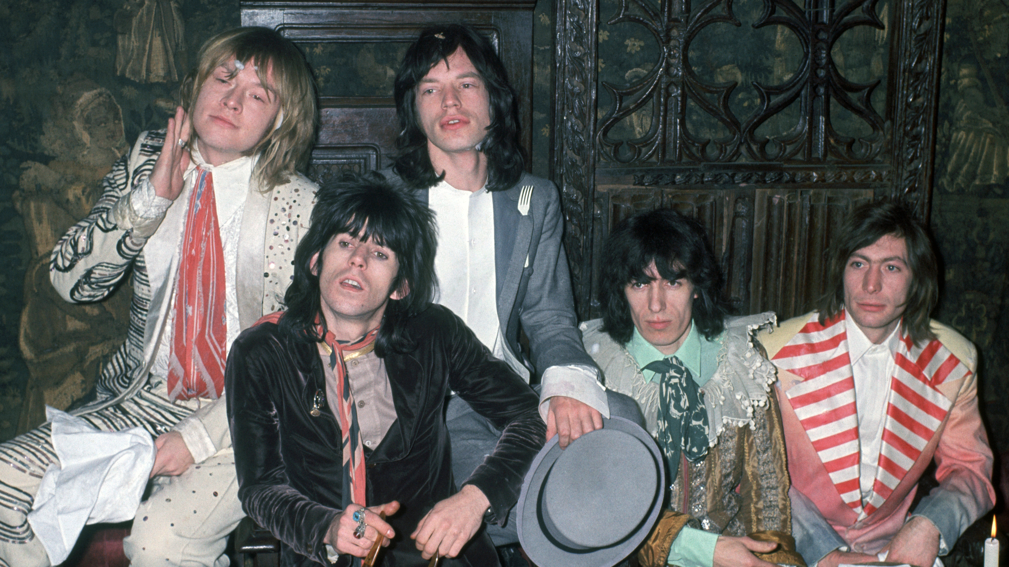 Keith Richards, Mick Jagger, Bill Wyman and Charlie Watts at the Kensington Gore Hotel, where they staged a mock-medieval banquet for the launch of their new album &#039;Beggars Banquet&#039;, 5th December 1968