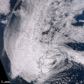 The Suomi NPP satellite also snapped an image of Hurricane Sandy Monday night, just before the hurricane came ashore. Sandy made landfall at 8 p.m. EDT on Oct. 29, about 5 miles (8 kilometers) southwest of Atlantic City, N.J.