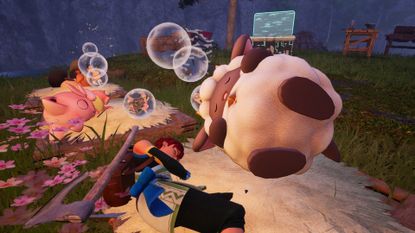 A sheep-like Pal creature in Palworld snoozes near the player, bubbles floating above them as other Pals also rest