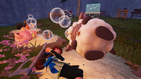 A sheep-like Pal creature in Palworld snoozes near the player, bubbles floating above them as other Pals also rest
