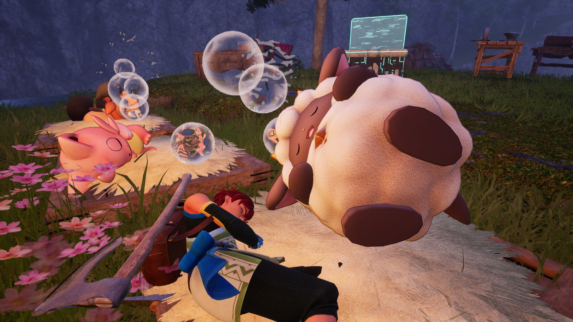 A sheep-like Pal creature in Palworld snoozes near the player, bubbles floating above them as other Pals also rest