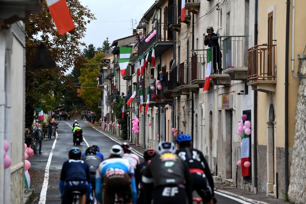 ROCCARASO ITALY OCTOBER 11 Larry Warbasse of The United States and Team Ag2R La Mondiale Ruben Guerreiro of Portugal and Team EF Pro Cycling Kilian Frankiny of Switzerland and Team Groupama FDJ Eduardo Sepulveda of Argentina and Movistar Team Ben Oconnor of Australia and NTT Pro Cycling Team Jonathan Castroviejo of Spain and Team INEOS Grenadiers Mikkel Bjerg of Denmark and UAE Team Emirates Giovanni Visconti of Italy and Team Vini Zabu KTM Campo di Giove Village Breakaway Peloton Fans Public during the 103rd Giro dItalia 2020 Stage 9 a 207km stage from San Salvo to Roccaraso Aremogna 1658m girodiitalia Giro on October 11 2020 in Roccaraso Italy Photo by Tim de WaeleGetty Images