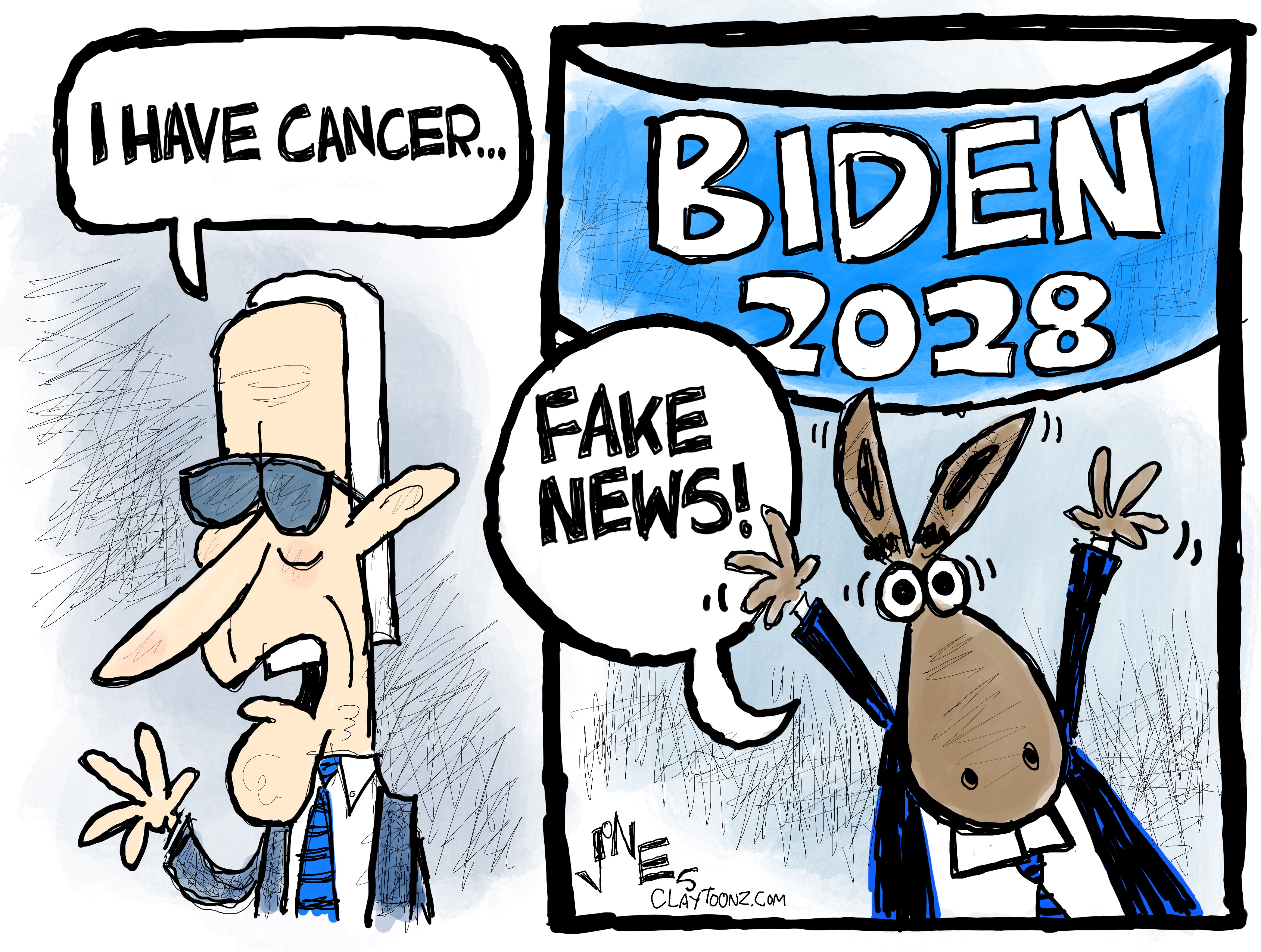 This two-panel political cartoon shows President Joe Biden in the left panel, wearing sunglasses and a suit, with a speech bubble saying, "I HAVE CANCER..." In the right panel, a Democratic donkey character is shown jumping in front of a blue banner that reads "BIDEN 2028," with a speech bubble exclaiming, "FAKE NEWS!"