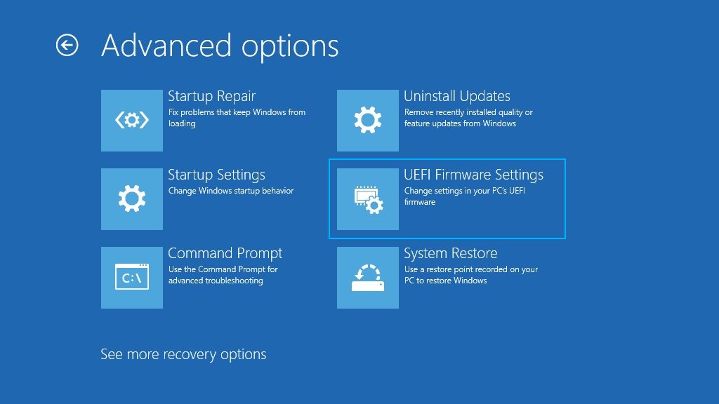 Windows 11 Troubleshooting menu accessing UEFI BIOS