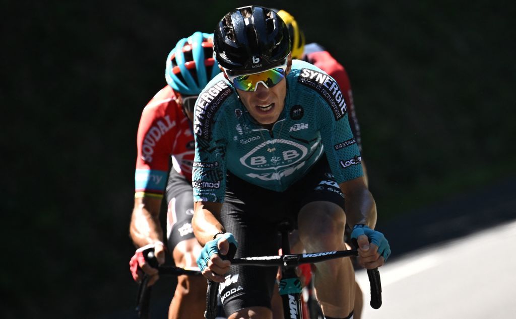 BB HotelsKTM teams French rider Pierre Rolland cycles in a breakaway during the 10th stage of the 109th edition of the Tour de France cycling race 1481 km between Morzine and Megeve in the French Alps on July 12 2022 Photo by Marco BERTORELLO AFP Photo by MARCO BERTORELLOAFP via Getty Images