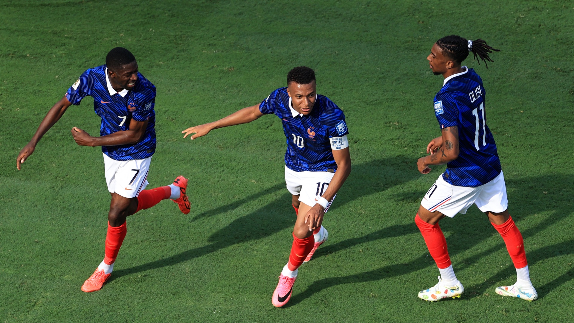 France's Kylian Mbappe, Ousmane Dembele and Michael Olise celebrating at World Cup 2026