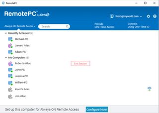 RemotePC's user interface displaying recently-accessed machines and remote waking button for Mac