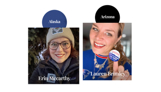 A woman with glasses wearing a beanie hat; a woman with a voting sticker on her finger