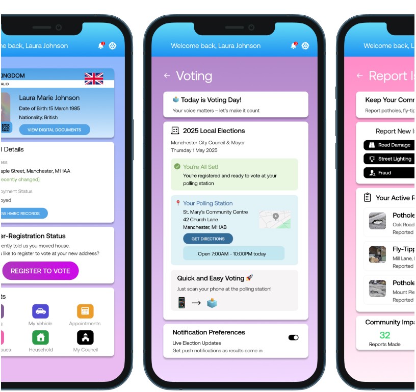 Illustrative screenshots of how the BritCard app could look like on a smartphone&#039;s screen