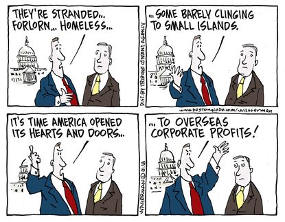 Political cartoon U.S. Congress overseas corporate profits refugees