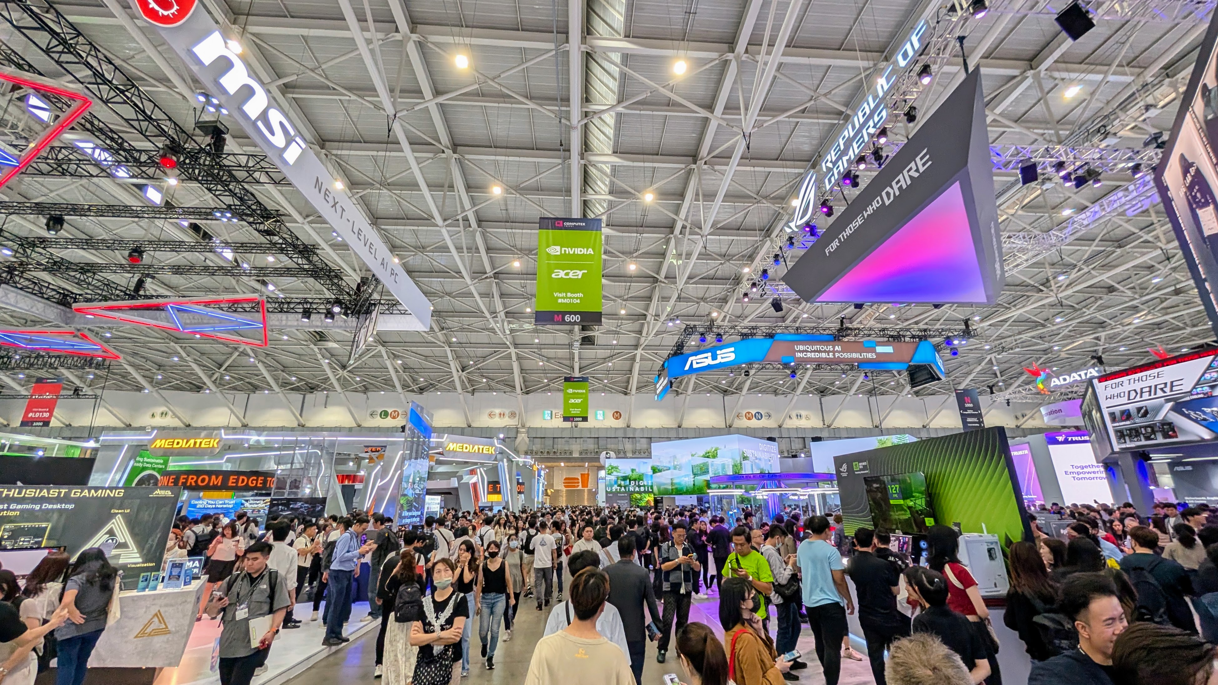 Wide angle photo of the show floor at Computex 2025
