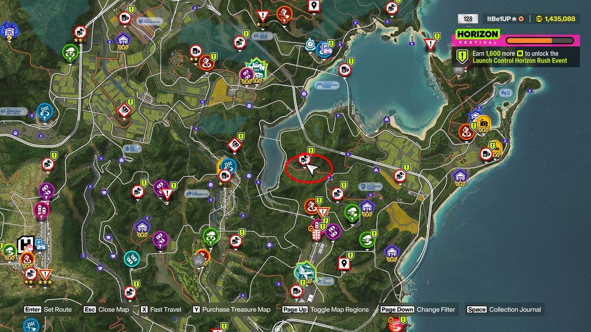 Forza Horizon 6 Bamboo Bash: A map with a red oval highlighting the location of a bamboo forest.