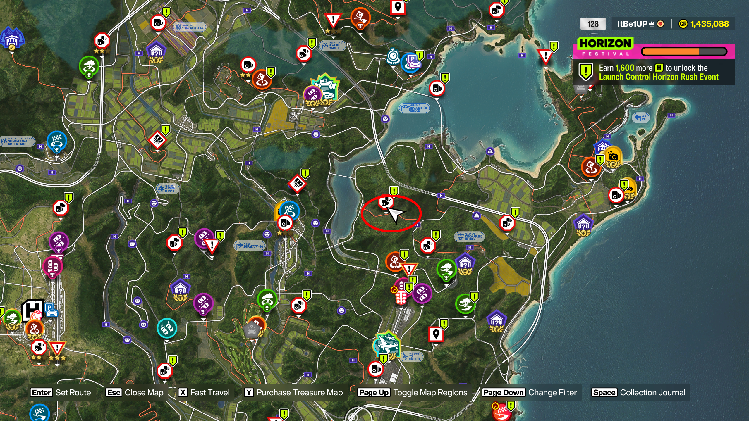 Forza Horizon 6 Bamboo Bash: A map with a red oval highlighting the location of a bamboo forest.