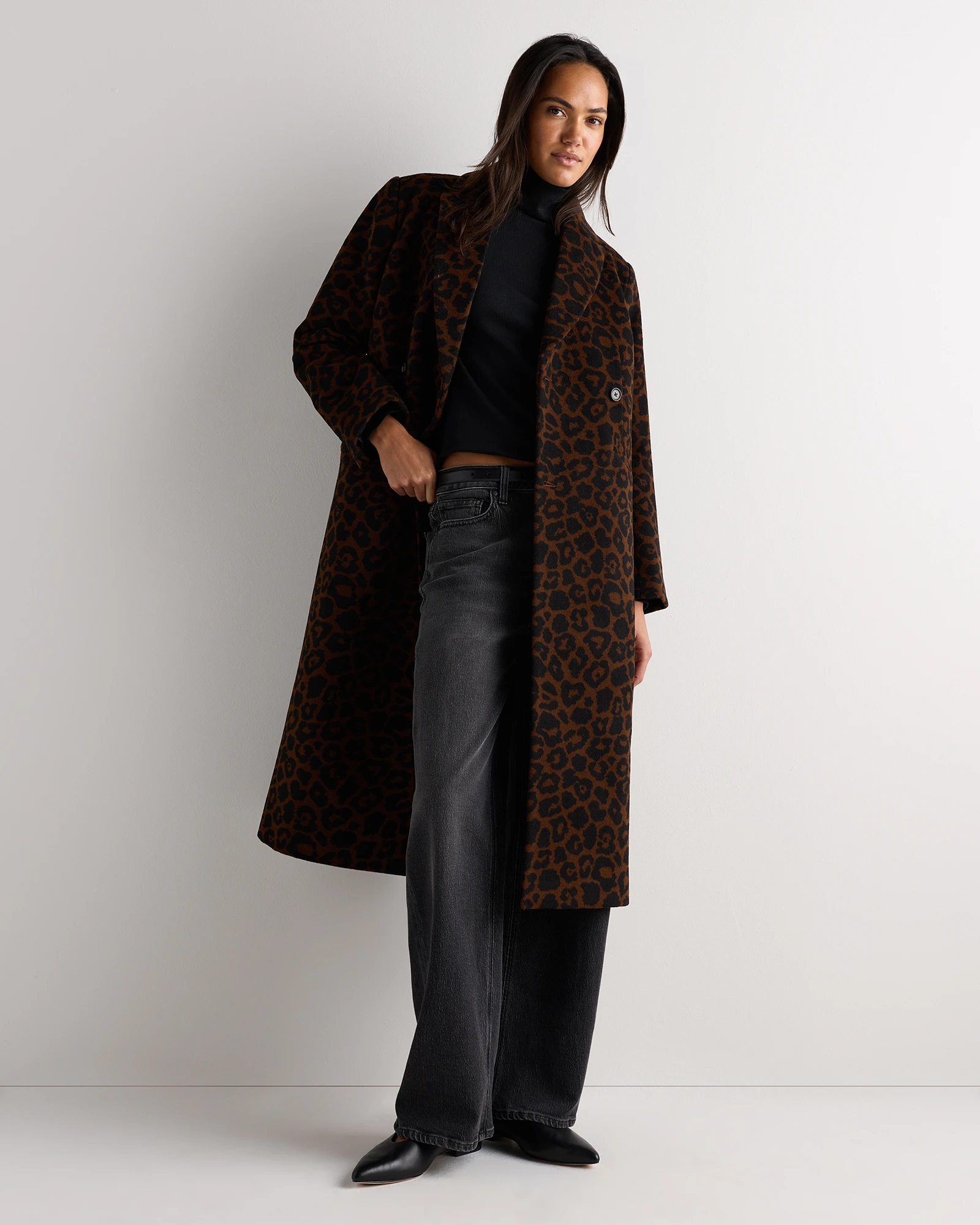 Wool Cashmere Tailored Long Coat in Jacquard Leopard, Size Xs