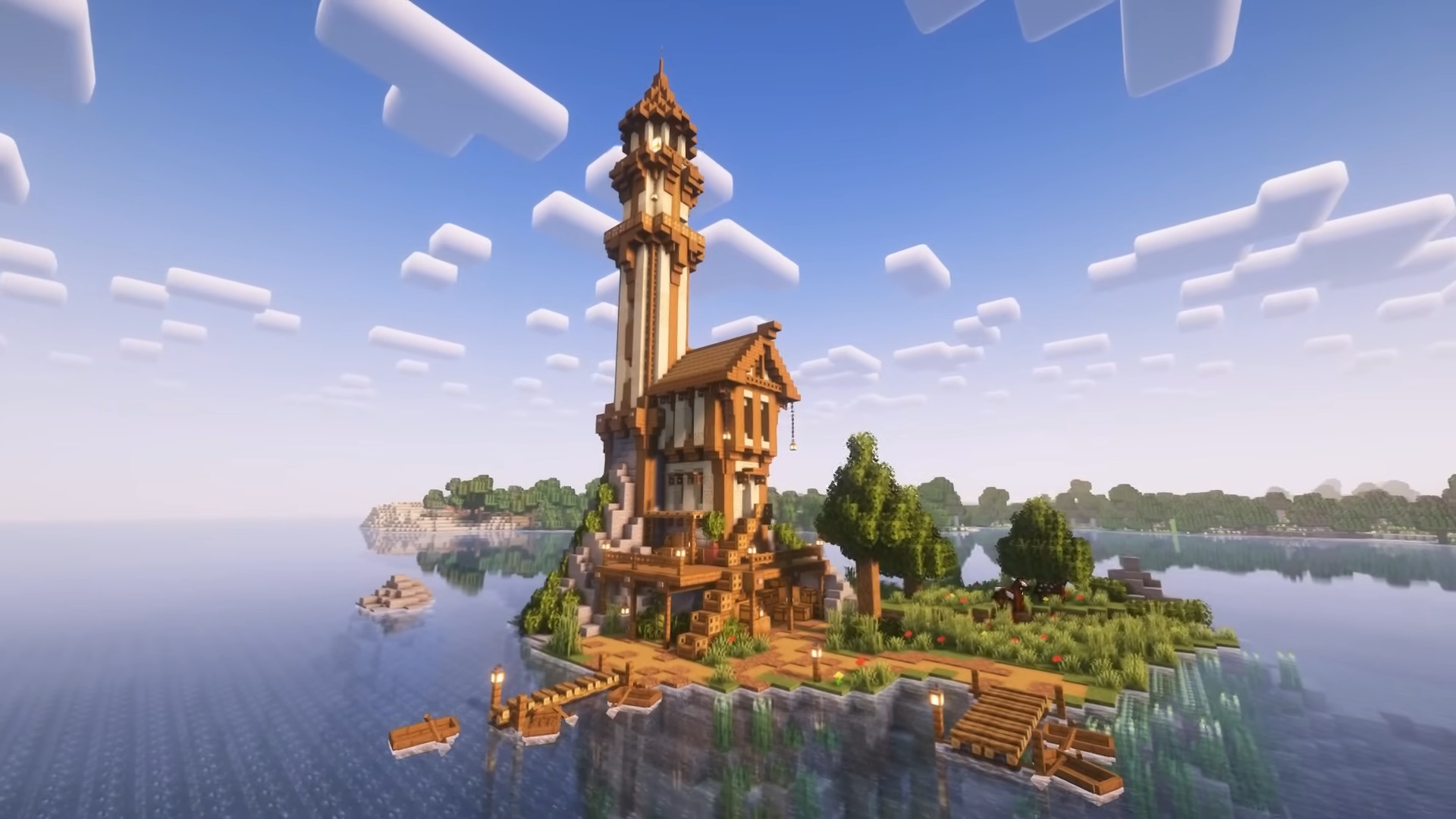 Minecraft builds - a wooden medieval lighthouse on an island by Catlinecrafting
