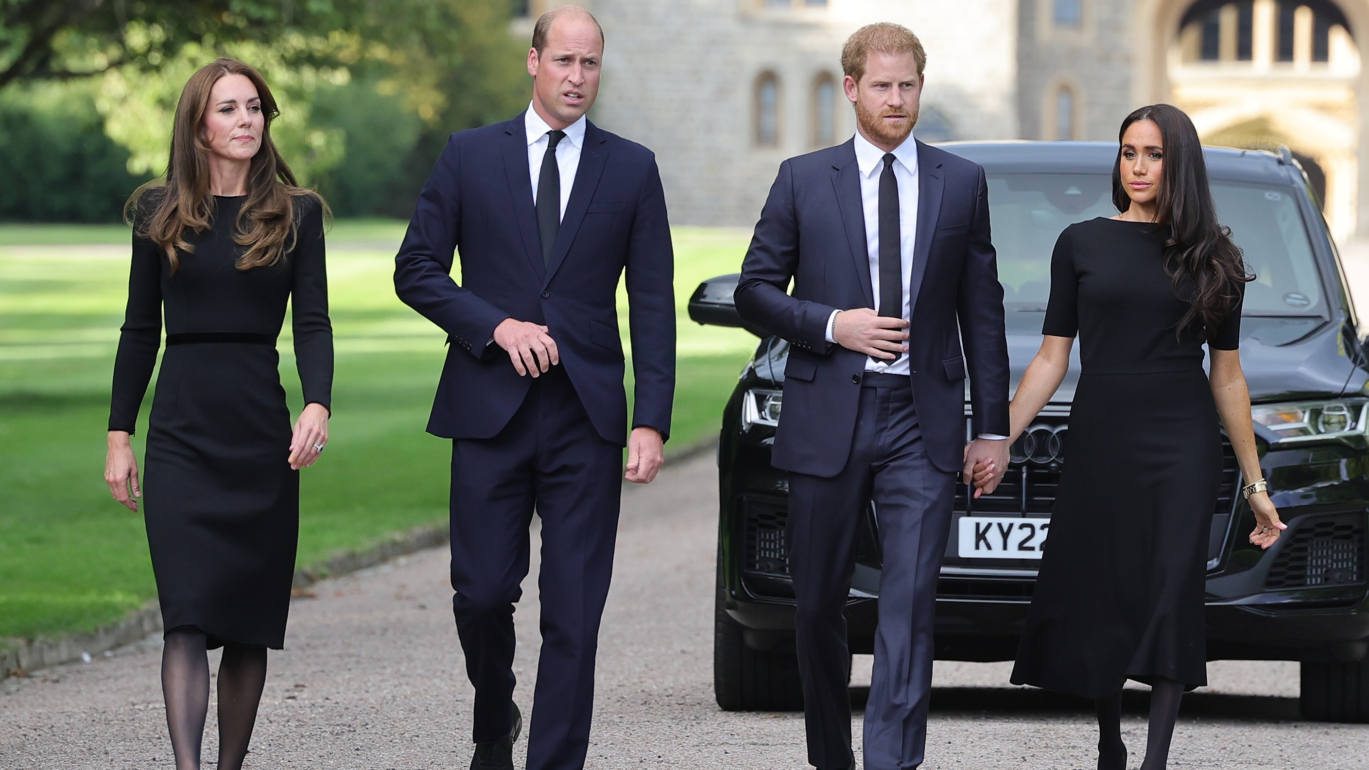 Catherine, Princess of Wales, Prince William, Prince Harry and Meghan, Duchess of Sussex arrive to view flowers and tributes to HM Queen Elizabeth on September 10, 2022