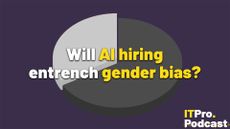 The text "Will AI hiring entrench gender bias?" against a black and white pie chart on top of a purple background. The words "AI hiring" and "gender bias" are in yellow, the rest are in white. In the bottom-right corner, the ITPro Podcast logo is shown.