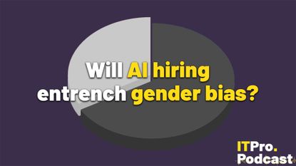 The text "Will AI hiring entrench gender bias?" against a black and white pie chart on top of a purple background. The words "AI hiring" and "gender bias" are in yellow, the rest are in white. In the bottom-right corner, the ITPro Podcast logo is shown.