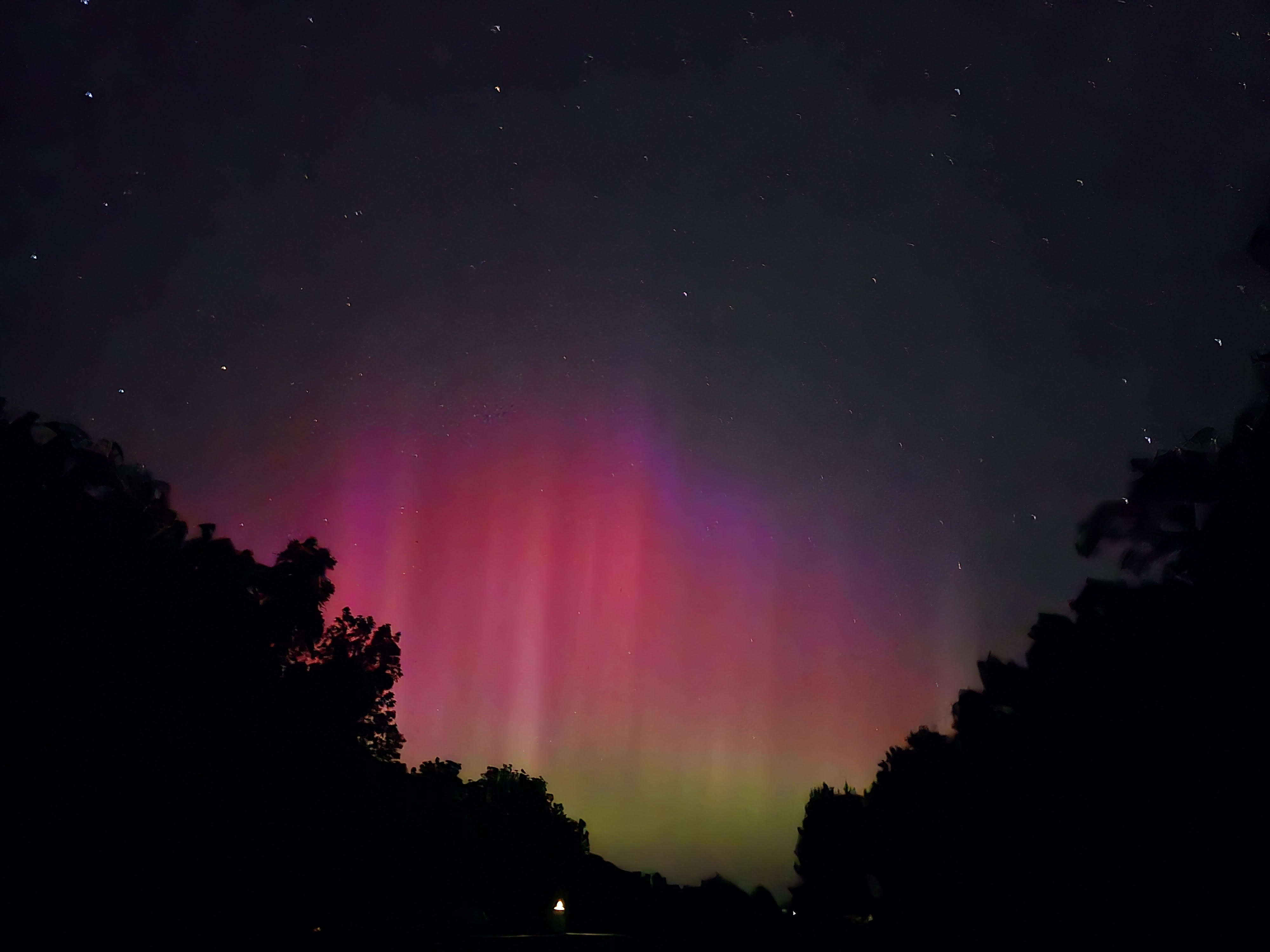 tall aurora pillars colored red , pink, green and purple stretch up into the sky.