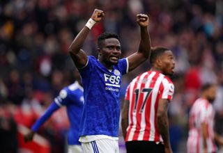 Leicester City’s Daniel Amartey celebrates the win after the Premier League match at the Brentford Community Stadium, London. Picture date: Sunday October 24, 2021