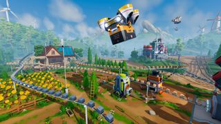 A drone flies over a farm strewn with factory conveyor belts in Autonomica