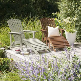 recline chairs in garden cushion with grass and flower