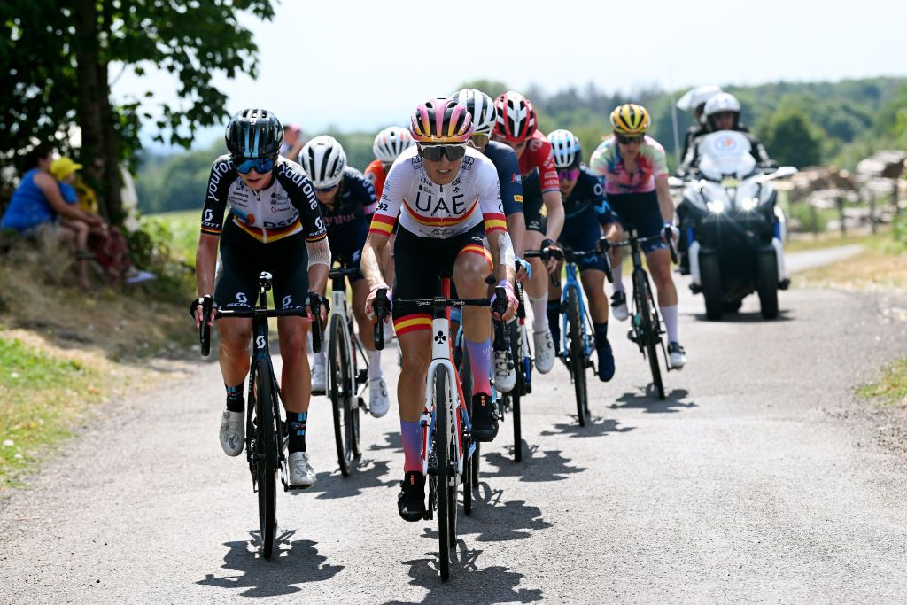 PLANCHE DES BELLES FILLES FRANCE JULY 31 LR Liane Lippert of Germany and Team DSM Women and Margarita Victoria Garcia Caellas of Spain and UAE Team ADQ compete in the breakaway during the 1st Tour de France Femmes 2022 Stage 8 a 1233km stage from Lure to La Super Planche des Belles Filles TDFF UCIWWT on July 31 2022 in Planche des Belles Filles France Photo by Dario BelingheriGetty Images