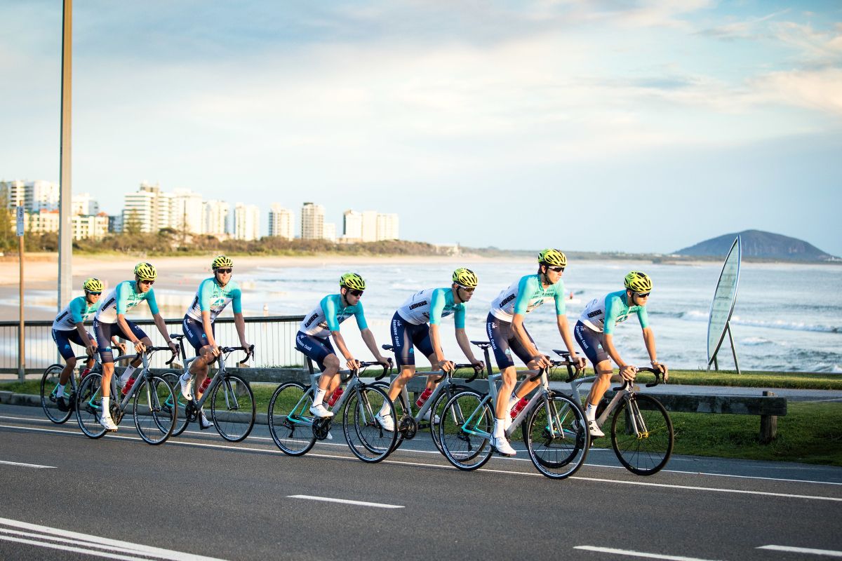 The ACA-Ride Sunshine Coast team riding past Alex Heads