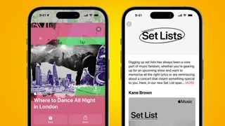 Two iPhones on an orange background showing Apple Music set lists