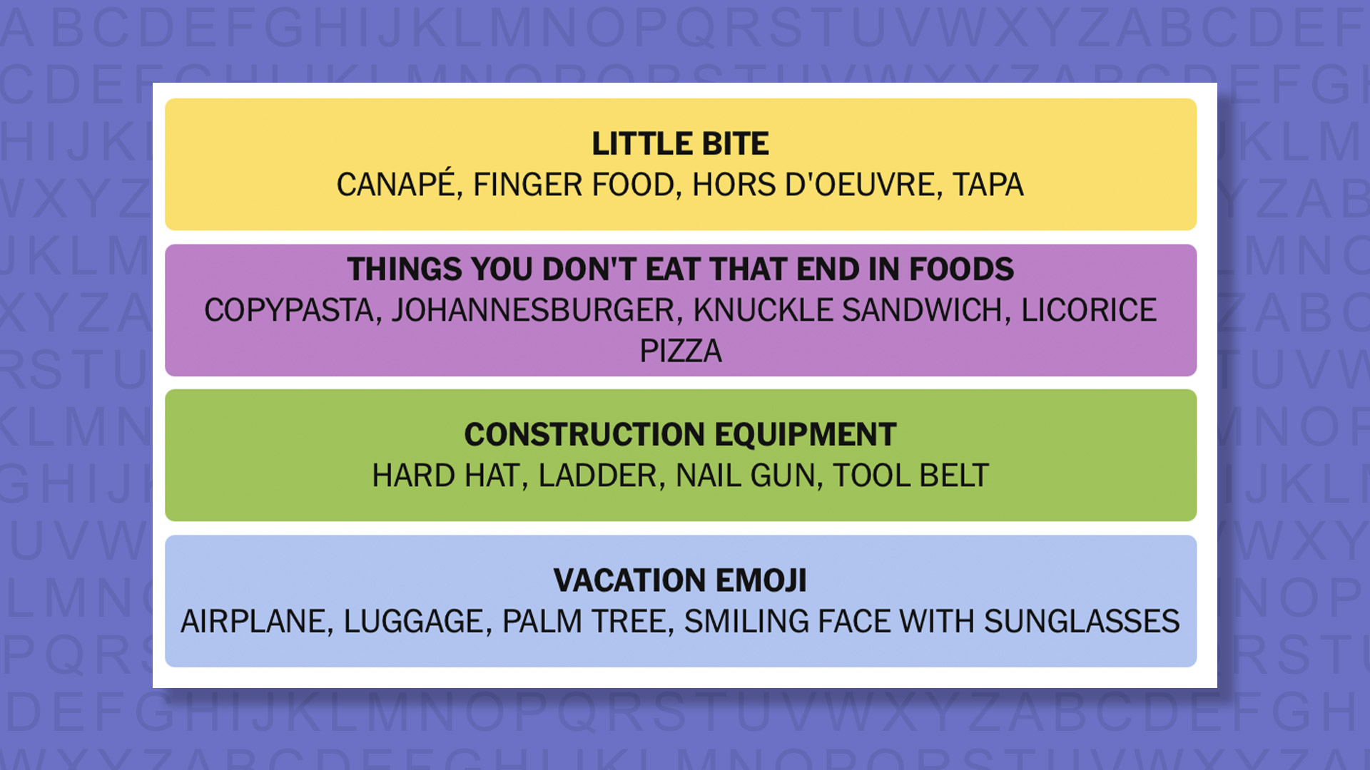 NYT Connections answers for game 994 on a purple background