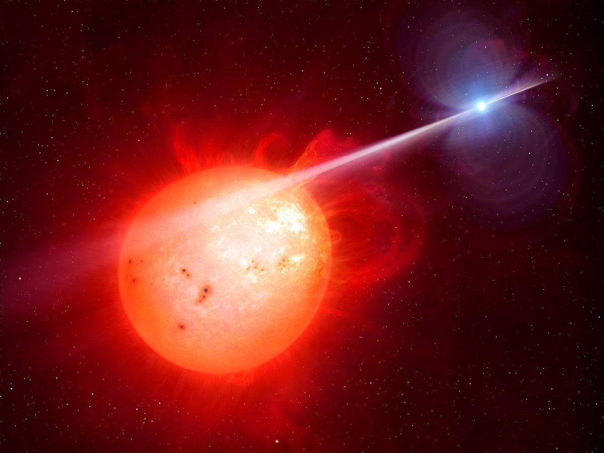 This illustration shows what a binary star system with a red giant feeding material into a white dwarf might look like.