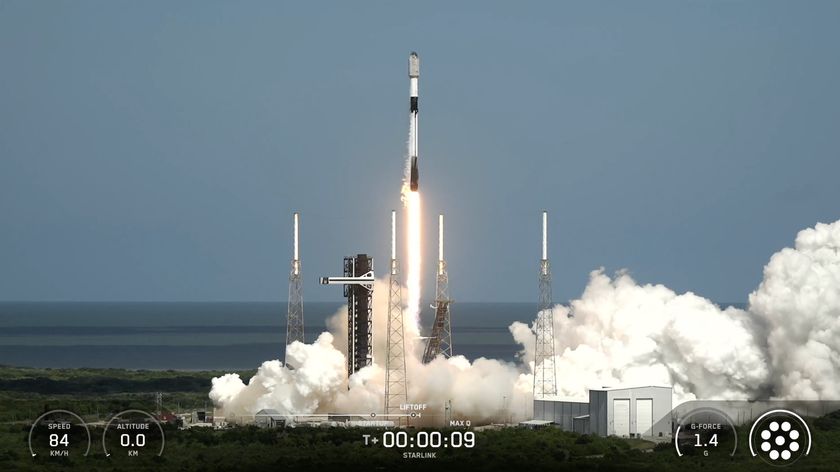 A SpaceX Falcon 9 rocket launches 28 Starlink satellites from Florida’s Cape Canaveral Space Force Station on Oct. 19, 2025.