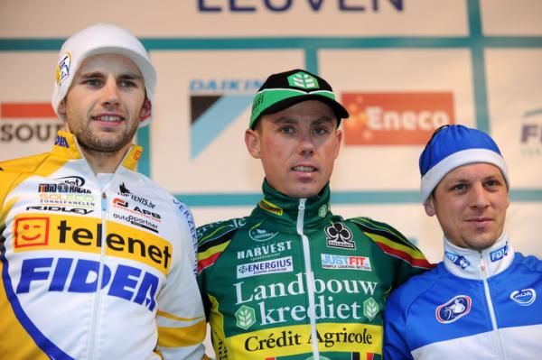 Fidea Cyclo-cross Leuven men's podium (l-r): Rob Peeters, 3rd; Sven Nys, 1st; Francis Mourey, 3rd