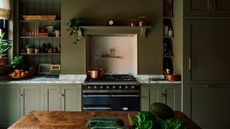 A green color drenched kitchen with low cabinets 