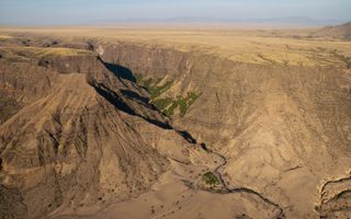 A bird's-eye view of a gorge in the East African Rift at Engaruka, Tanzania.