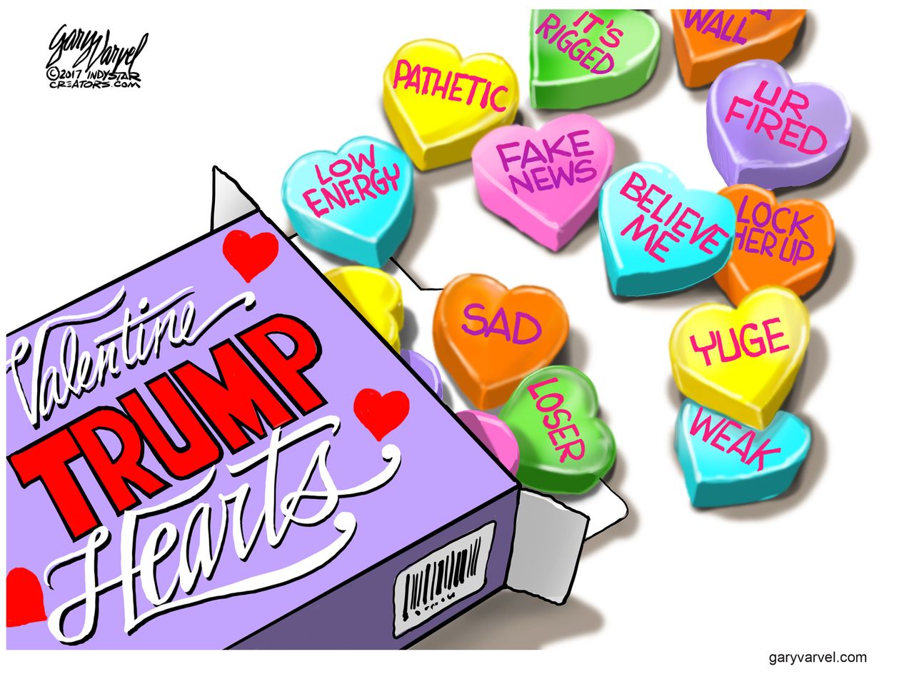 Political Cartoon U.S. President Trump insults Valentine&amp;#039;s Day Hearts