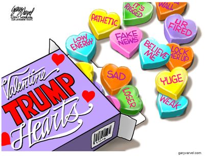 Political Cartoon U.S. President Trump insults Valentine's Day Hearts