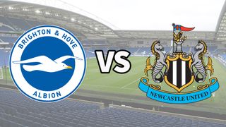 The Brighton & Hove Albion and Newcastle United club badges on top of a photo of The Amex Stadium in Brighton, England