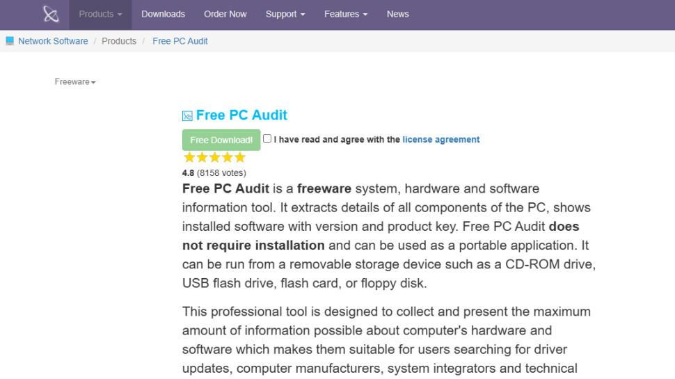 Free PC Audit website screenshot (April 2025)
