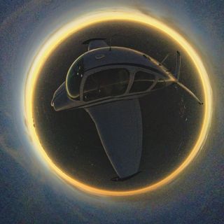 a image showing a circle of light which is the dawn and a warped airplane in the middle, it is warped due to the 360-degree filter places on the image.
