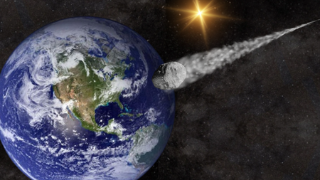 An illustration of an asteroid racing past Earth