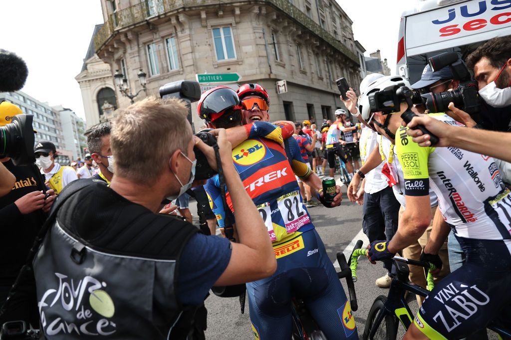 LIMOGES FRANCE JULY 08 LR Tony Gallopin of France and stage winner Mads Pedersen of Denmark and Team LidlTrek react after the stage eight of the 110th Tour de France 2023 a 2007km stage from Libourne to Limoges UCIWT on July 08 2023 in Limoges France Photo by Martin Divisek PoolGetty Images
