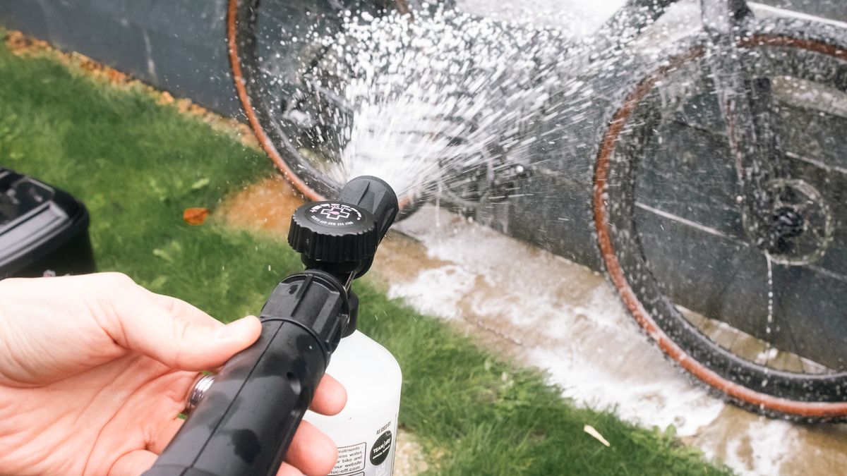 The snow foam attachment on the Muc-Off Mobile Bike Pressure Washer