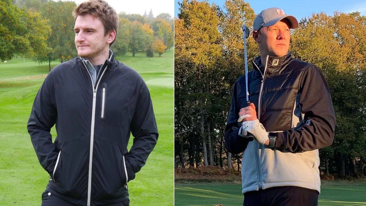 Two golfers poses, one wearing an adidas jacket, the other a FootJoy one