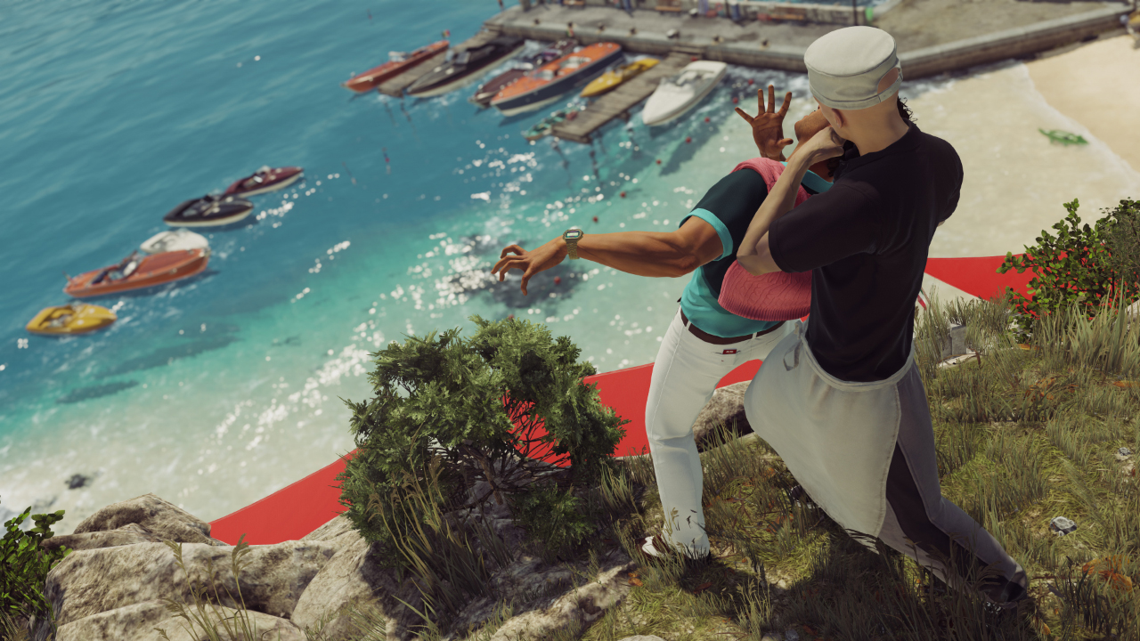 Hitman's Agent 47 strangling someone while dressed as a chef