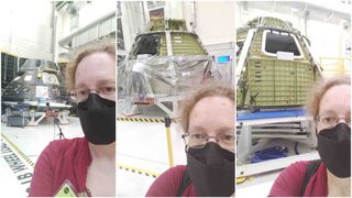 three pictures together side by side. each photo shows a person in front of a cone-shaped spacecraft in the background. the person wears a mask to avoid spreading covid-19 to other attendees