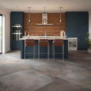 kitchen room with grey tiled flooring and kitchen worktop