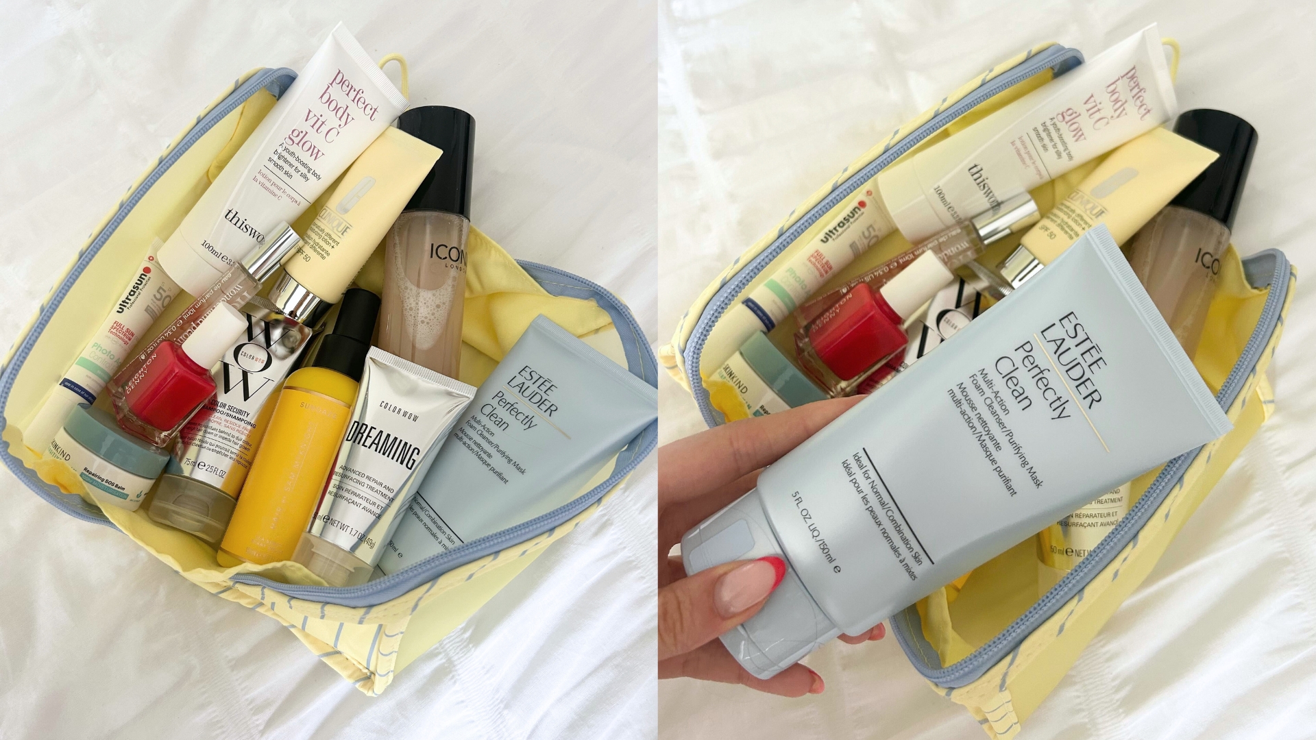 Image of M&amp;amp;S Summer Beauty Bag 2026 open with its contents (L) and hand holding blue bottle of Estee Lauder Perfectly Clean cleanser in front of the open beauty bag (R)